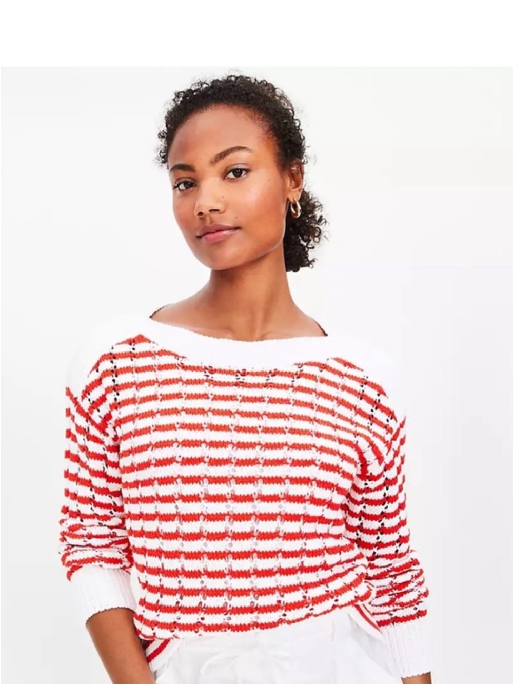 Loft White & tomato Red Striped cotton Women's Knit Sweater M